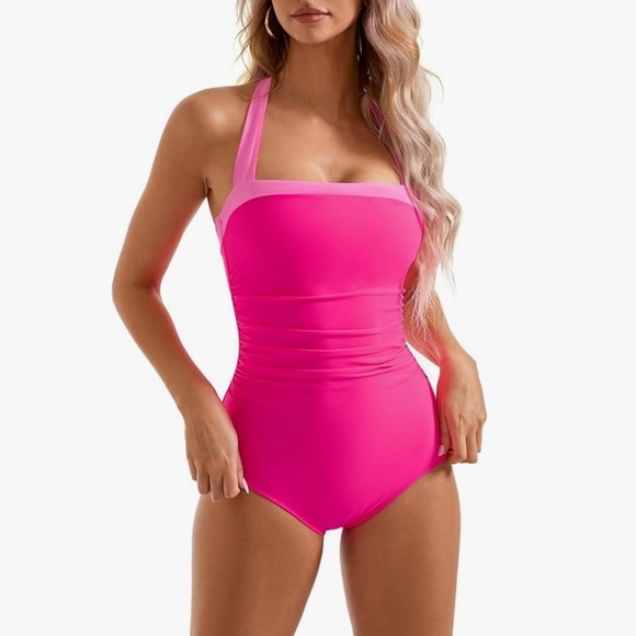Large Pink One-Piece Bathing Suit Tummy Control Halter - Picture 3 of 6